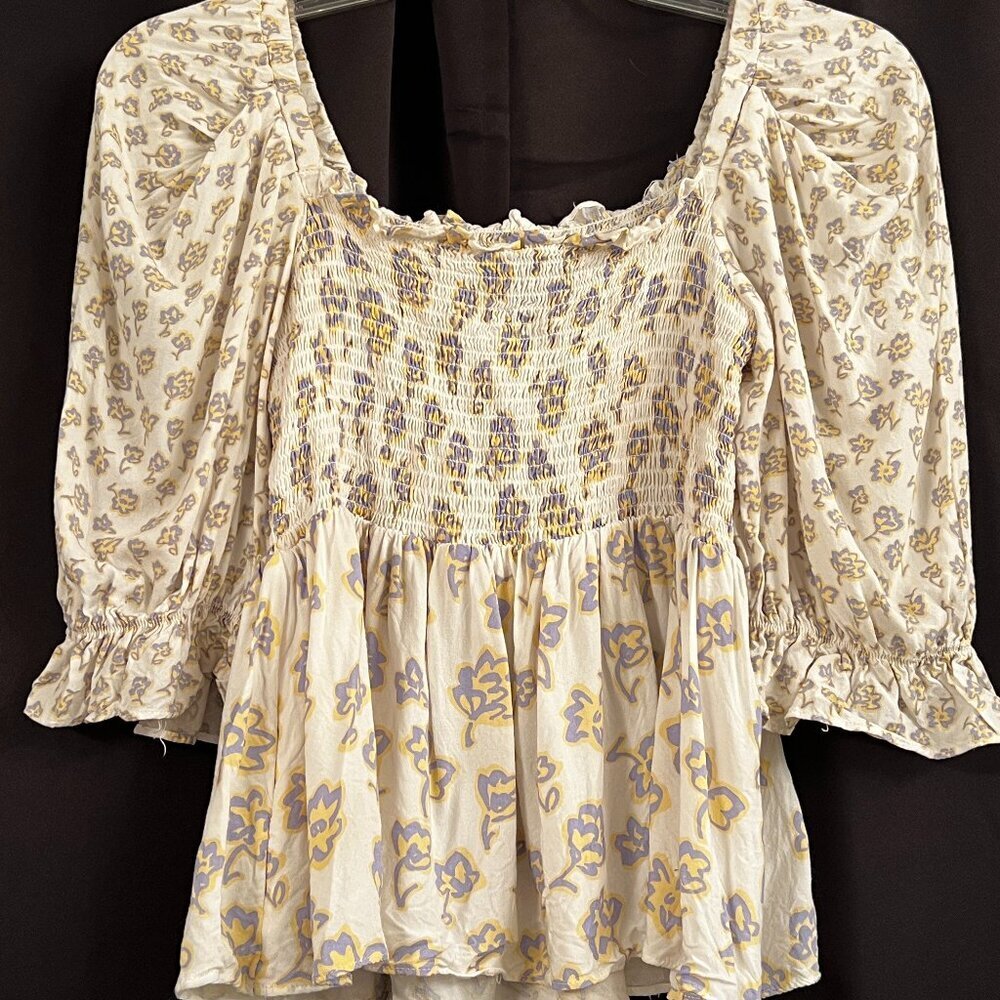 Floral Cropped Puff Sleeve Smocked Blouse Peasant Boho‎ Prairie Top Size Medium